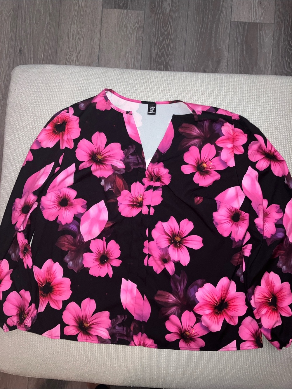 SHEIN Black Blouse with Bright Pink Floral Print